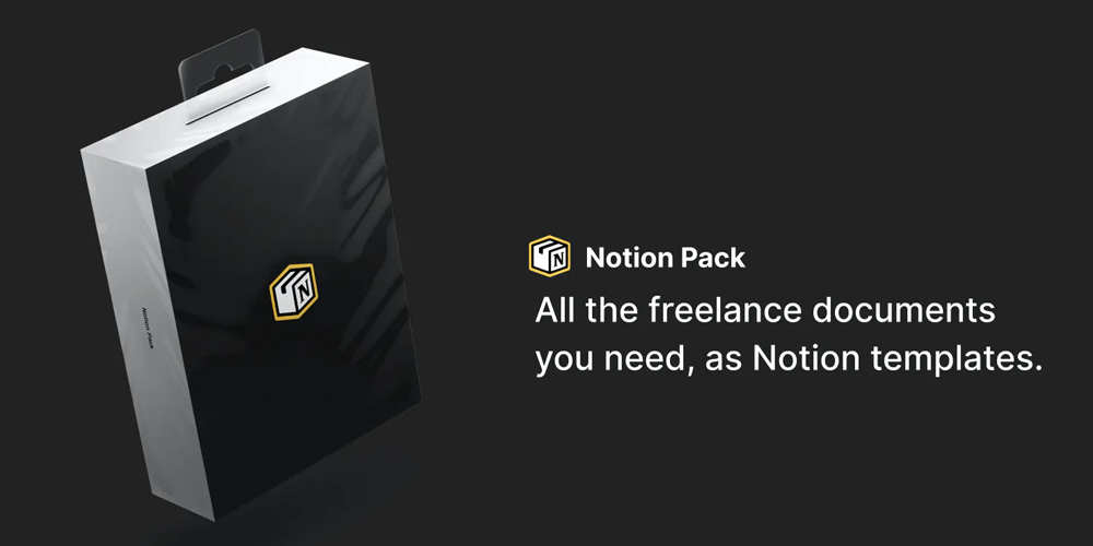 Notion Pack advertisement image, showing features for freelancers.