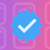 A pink and purple background with repeating Instagram logos behind a blue verification checkmark.