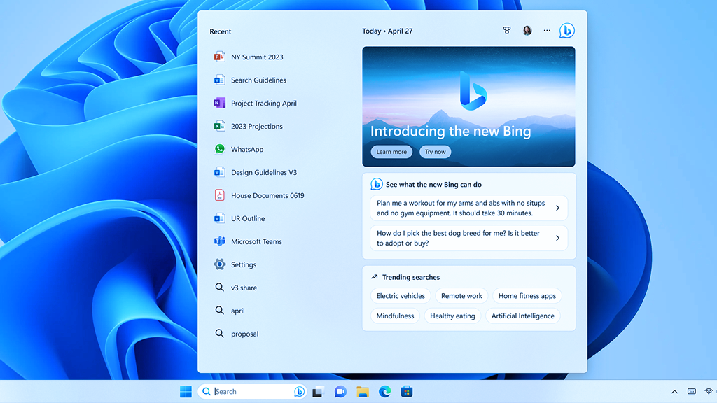 Microsoft Windows 11 update showing a Bing popup that advertises the Bing Chat.