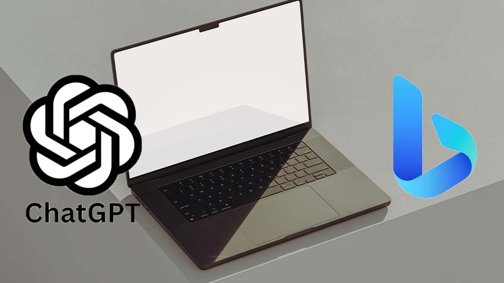A vector art image of a laptop on a grey desk, with the logo of ChatGPT and the Bing logo sitting on either side of it.