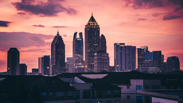 A sunset view of the Atlanta downtown skyline, with housing options in the distance among the pink and purple sky.