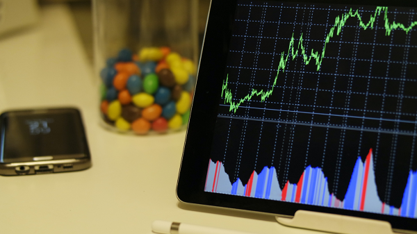 A tablet open to a daytrading stock chart as part of a sidehustle, seated next to a jar of candy and a phone on a table.