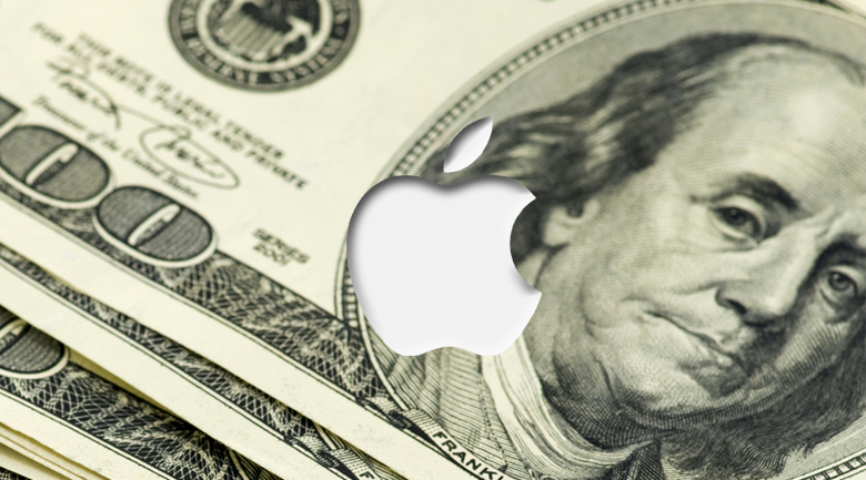 Apple logo on dollar bills representing China deal