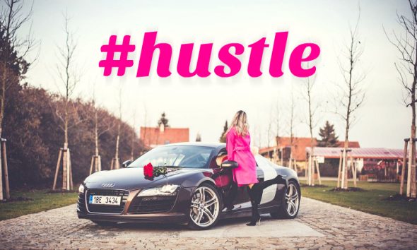 Hustle hashtag with person leaning on car.