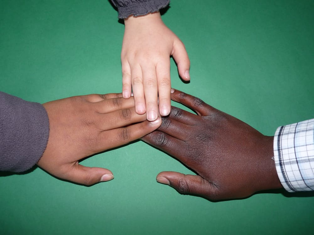 Hands of all different skin colors on green background representing Starbucks' D&I.