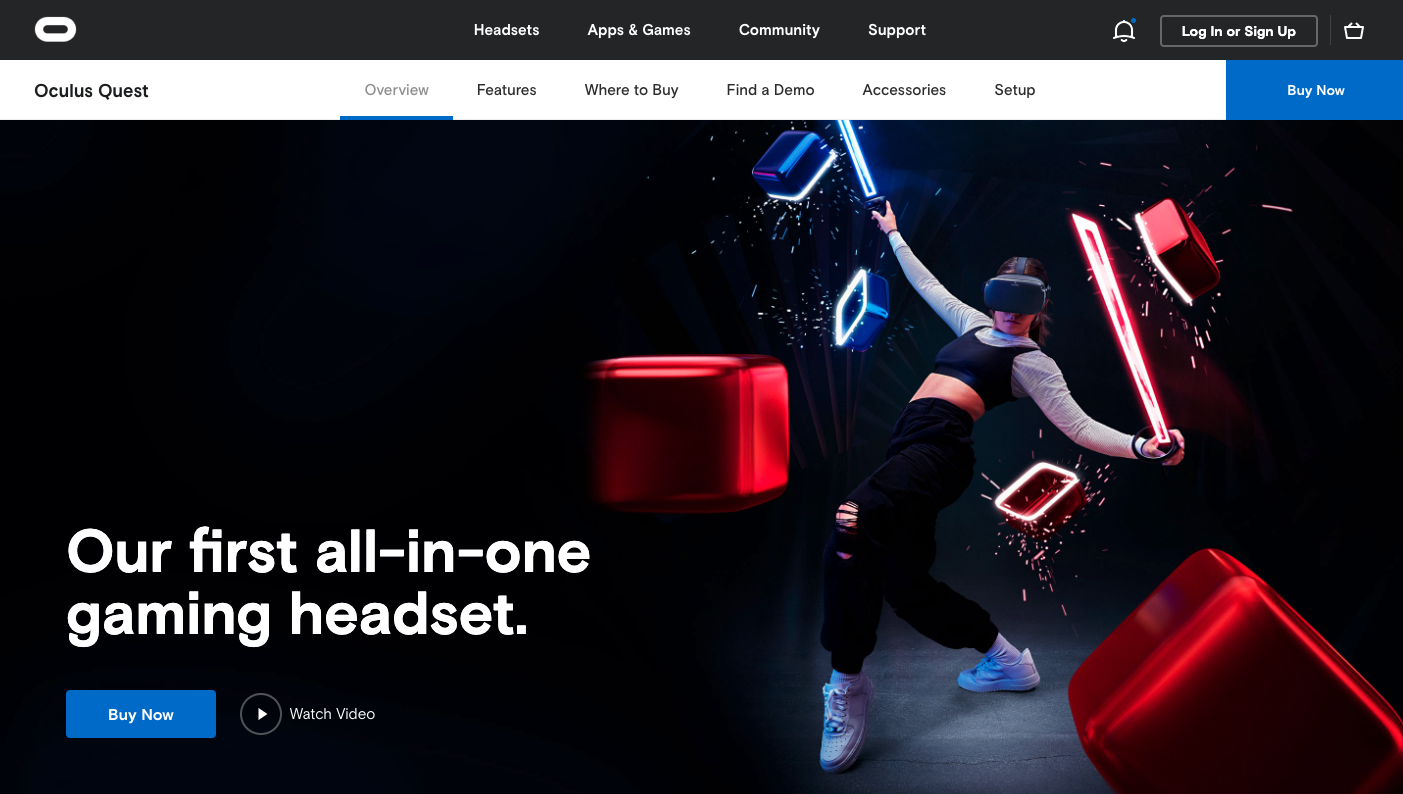 Oculus website home page, featuring their newest VR headset