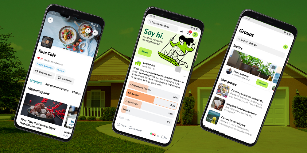 Nextdoor app screens on green background with house in neighborhood.