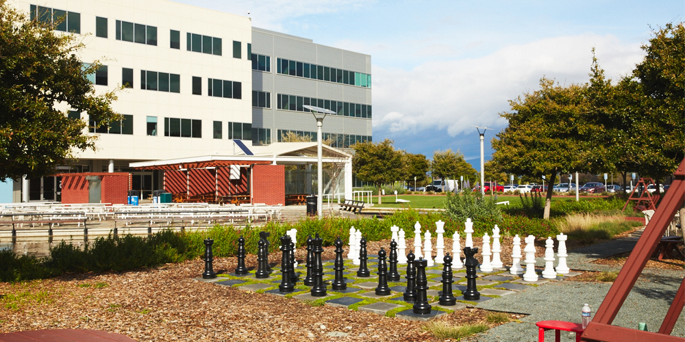 Google complex with human sized chessboard, where a labor union has been formed.