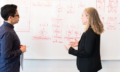 Two UX design people standing in front of a whiteboard with a UX map.
