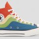 Converse shoe with red, yellow, green, and blue striations in recent conflict over alleged design theft.