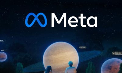 Facebook's new name, Meta, with logo infinity symbol and two people looking at planets.