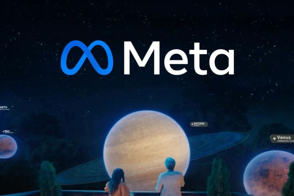 Facebook's new name, Meta, with logo infinity symbol and two people looking at planets.