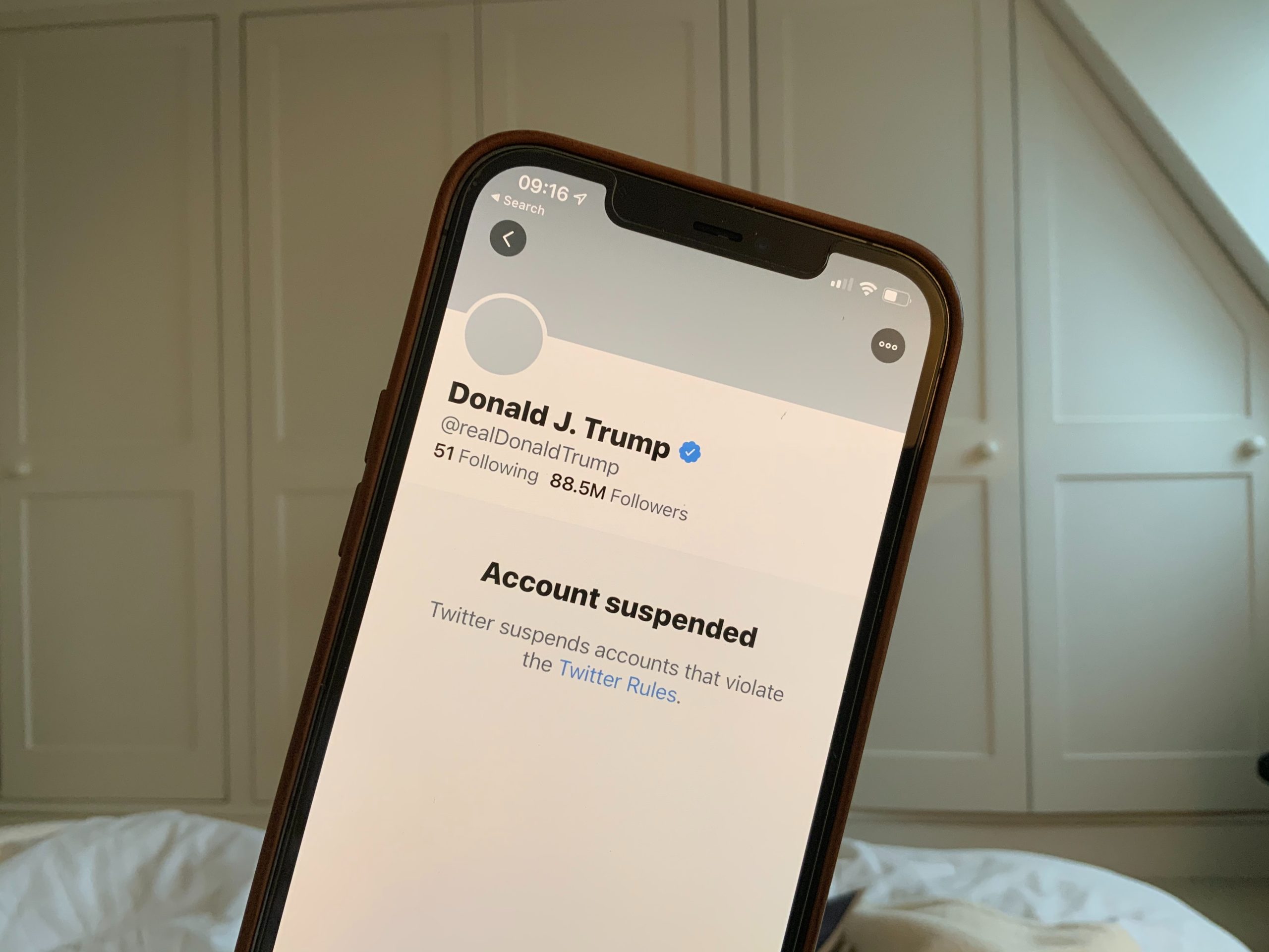 iPhone showing Trump's suspended Twitter account.