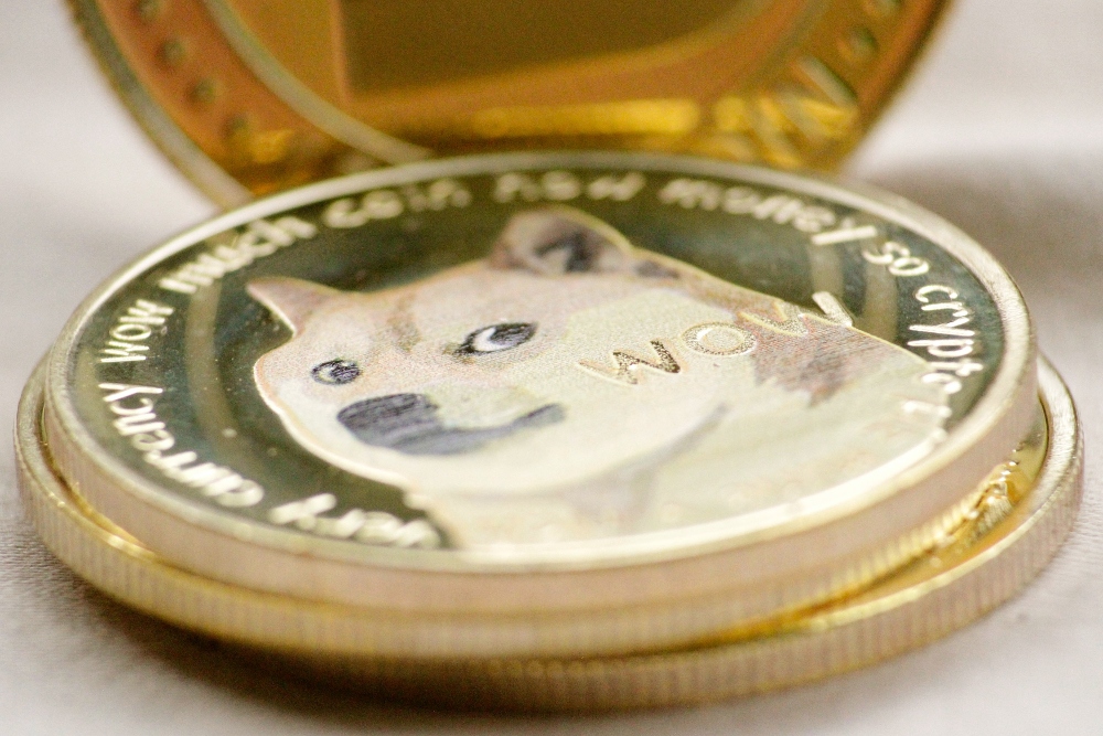 Gold dogecoin with Shiba Inu logo.