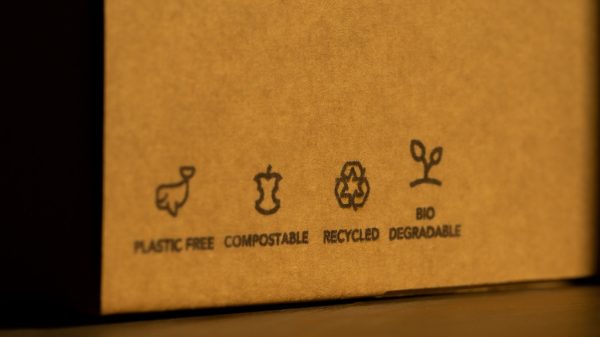 box with going green initiatives printed on side