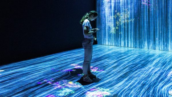 person standing in colors representing holograms