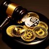 Crypto coins with law mallet representing coinbase
