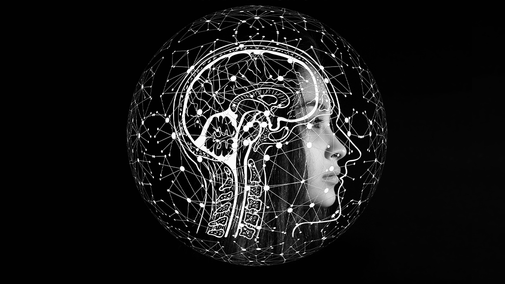 A drawing of an AI being with a woman's face and surrounded by digital connective lines, inspiring Microsoft AI.