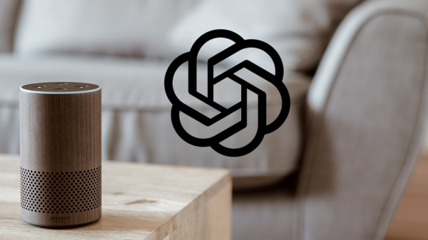 A wooden-cased Alexa sits on a coffee table in a living room, positioned next to a logo of ChatGPT