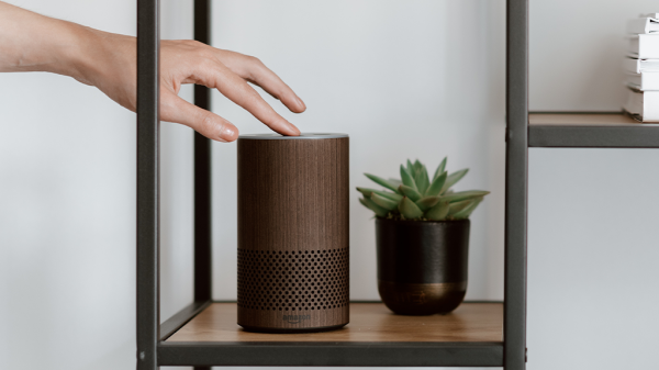 A hand reaches over to turn a wooden-cased Alexa device on. It sits on a wooden shelf with metal edges and a succulent pot plant beside it.
