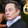 Elon Musk, owner of Twitter, stands with a skeptical expression on his face against a green flowered bush.