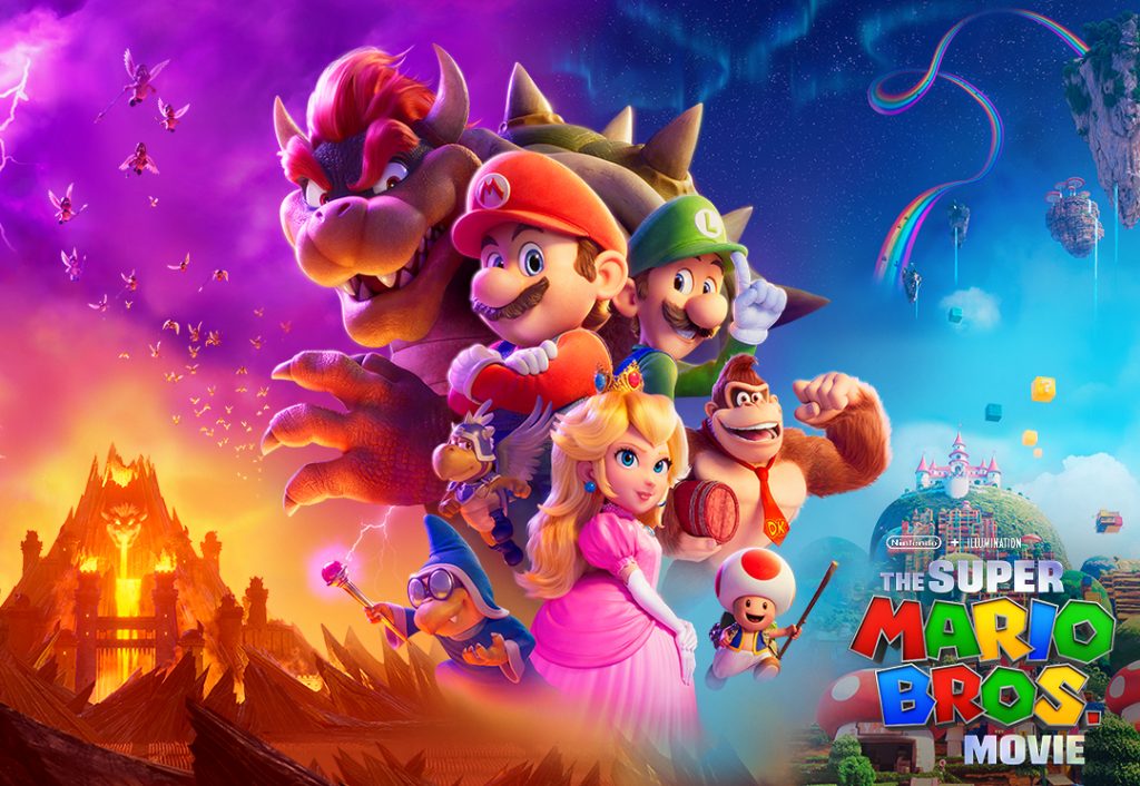 The poster for the Super Mario Brothers Movie, with Bowser's lava castle in one corner, the bright Mushroom Kingdom castle in the other corner, and characters from the movie posing in the center.
