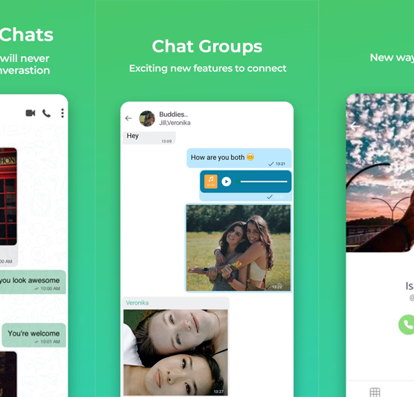 Three displayed screens of a mobile app showing chatting, photo sharing, and a sample profile from Chatwise. Text on top reads "Encrypted chats - highly private - we will never see or hear your conversation", "Chat Groups - exciting new features to connect", "Calls - new ways to communicate"