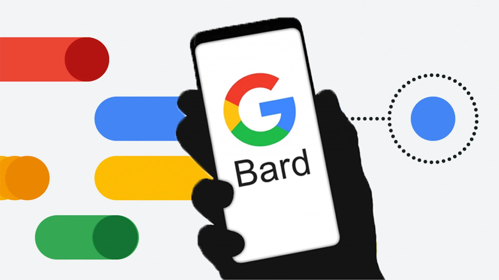 A silhouette hand holds up a phone that has the Google logo with the logo for Bard underneath. The background features the blue, yellow, green, and red of Google's brand colors in various abstract shapes.