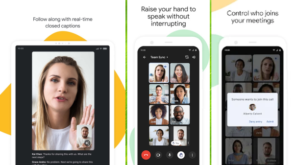 Various screenshots of Google Meet mobile. Shows an option for real time captions, raising your hand without interrupting, and controlling who joins your meetings (with a popup).