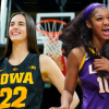 Caitlin Clark, a white woman with brown hair wearing an Iowa State jersey, spins a basketball. On the left, Angel Reese, a delighted Black woman in a Lousiana State jersey, grins after a recent victory in women's sports.