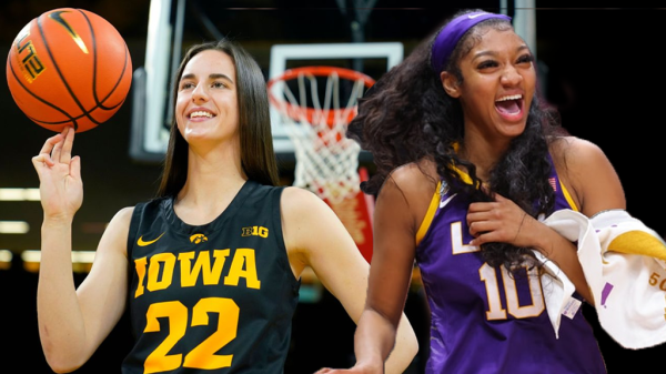 Caitlin Clark, a white woman with brown hair wearing an Iowa State jersey, spins a basketball. On the left, Angel Reese, a delighted Black woman in a Lousiana State jersey, grins after a recent victory in women's sports.
