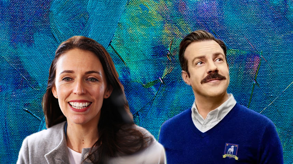 A picture of character Ted Lasso and former New Zealand Prime Minister Jacinda Ardern standing together on a blue painted background, two figures in leadership.