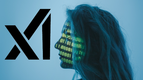 A woman in a blue-saturated setting with coding language overlapped over her face. The stark black logo of xAI (the letter X combined with an I and cut to imply X, A, and I) sits to one side.