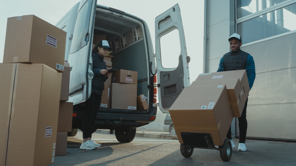 A man and a woman unloading a delivery vehicle releasing carbon emissions, with the man wheeling the packages away while the woman keeps track on a pad.