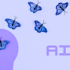 A drawing of a human head outline in purple with the word AI next to it, and blue butterflies flying out of the head to represent Reddit.