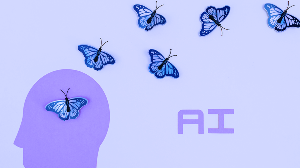 A drawing of a human head outline in purple with the word AI next to it, and blue butterflies flying out of the head to represent Reddit.