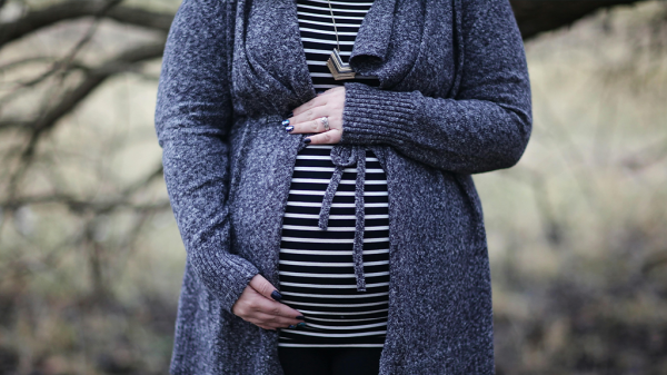 A pregnant employee in a blue jacket and black and white striped shirt. The shot is focused on the woman's belly, held gently by her hands as she stands in nature.