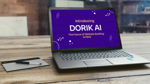 A laptop computer seated on a wooden desk with a notepad next to it, and open to a purple loading screen for Dorik AI.
