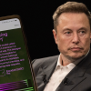 Elon Musk in a press meeting looking seriously toward the camera. A phone open to OpenAI and ChatGPT sits next to him.