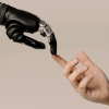 A human hand reaching out to an extended AI robot hand to touch at the fingertips.