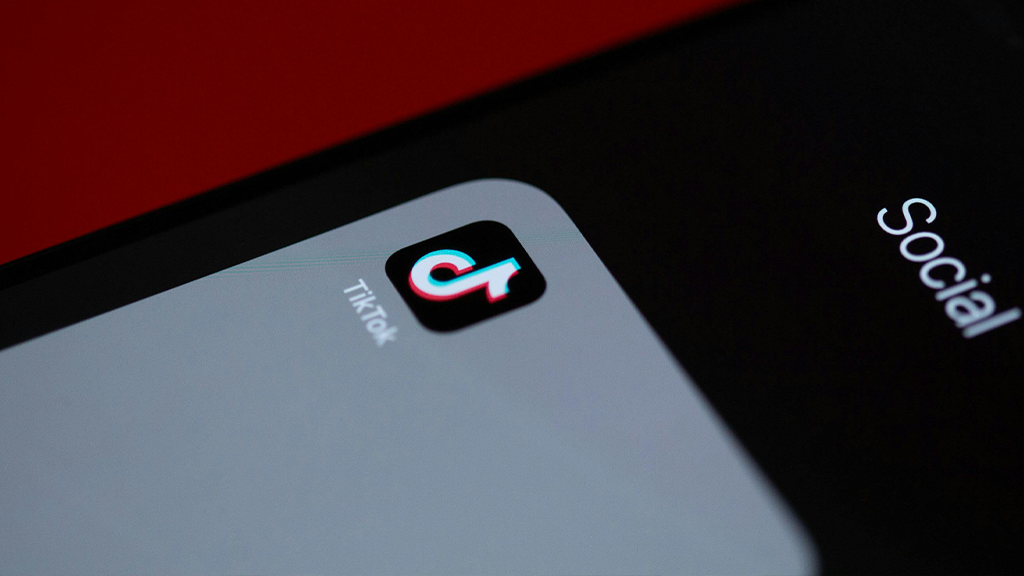 A phone open to a Social screen with only the app icon for TikTok open as the phone sits on a red table.