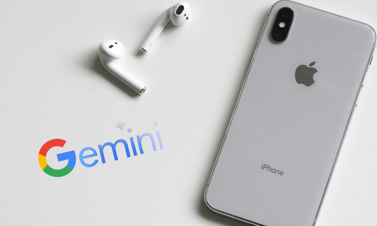 An iPhone with Airpod headphones sitting next to it with the Apple logo facing up and the logo for Google Gemini AI next to it.